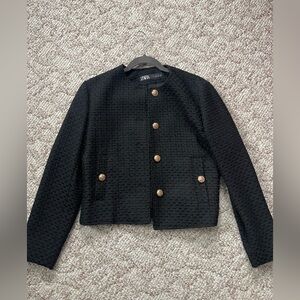 Zara Black Textured Blazer with Gold Buttons